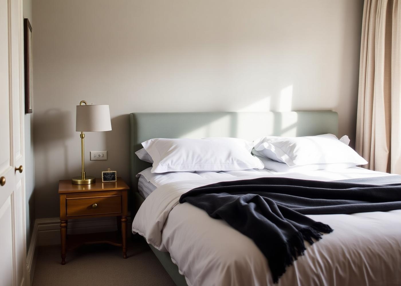 Short-let bedroom with sage headboard and crisp white linen