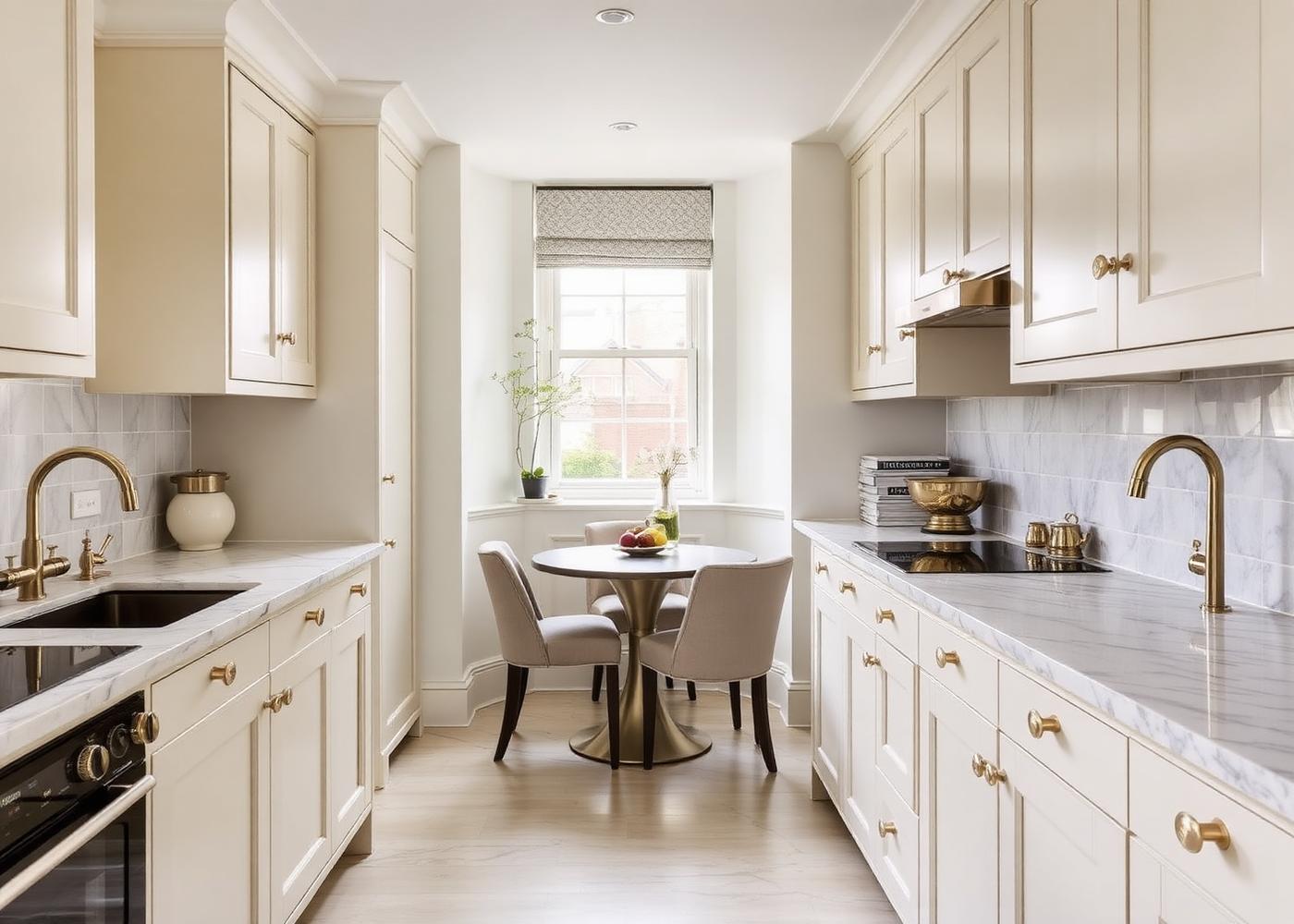 Refined ivory kitchen with marble worktops and brass fittings
